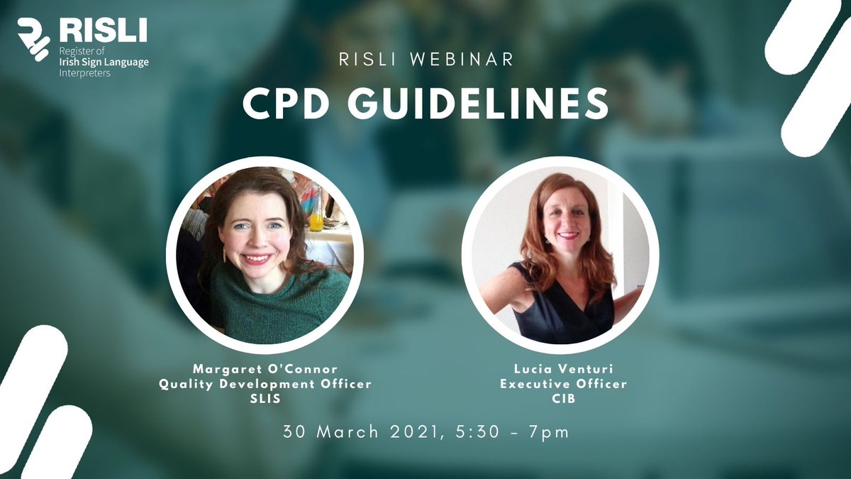 RegisterISLI's tweet image. SAVE THE DATE!📒
Join our webinar on the CPD Guidelines on 30 March 2021.

Margaret O&apos;Connor and Lucia Venturi will provide details on what you need to do to meet your CPD requirements. 

🔗 Check our March Newsletter to access the Zoom link.

#RISLICPD2021 #ISLInterpreters #CPD