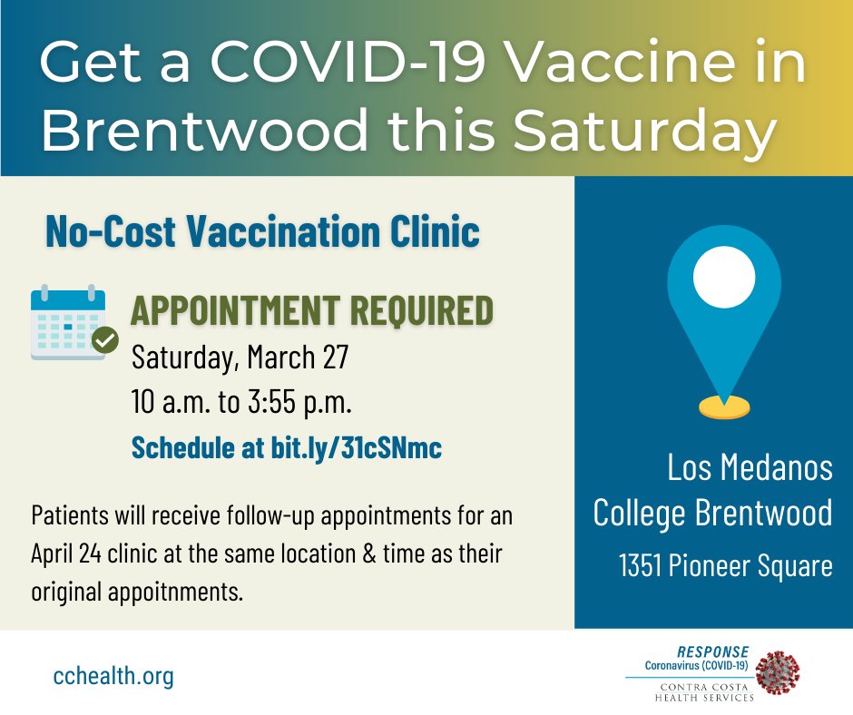 CoCoHealth's tweet photo. If you live or work in Contra Costa &amp; are eligible to get vaccinated, make an online appointment today for our no-cost vaccination clinic this Saturday in Brentwood: https://t.co/rYxQipdojX https://t.co/Inf3Wd9hcp