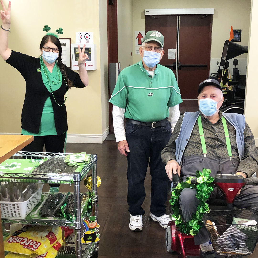 vervesrliving's tweet photo. Staff and Residents at The Heritage Retirement Residence in West Kelowna were feeling pretty lucky on St. Patrick's day! ☘️ #Vervecares #community #goodtimes #inspiredseniorliving #assistedliving https://t.co/ZQiO7IsRQN https://t.co/5Bo5jo1bMr