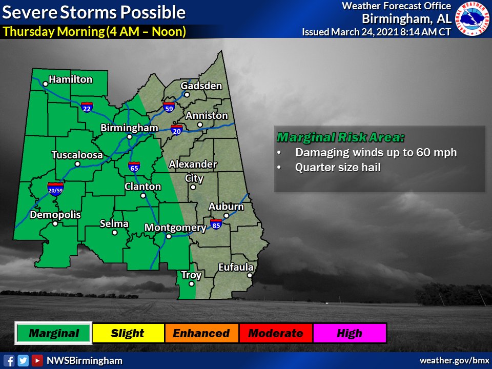 NWSBirmingham's tweet photo. Severe Weather Forecast Update: We expect a few isolated severe storms tomorrow morning followed by the higher risk Thursday afternoon and evening. Continue to check back for updates. https://t.co/s2JbkanZCz