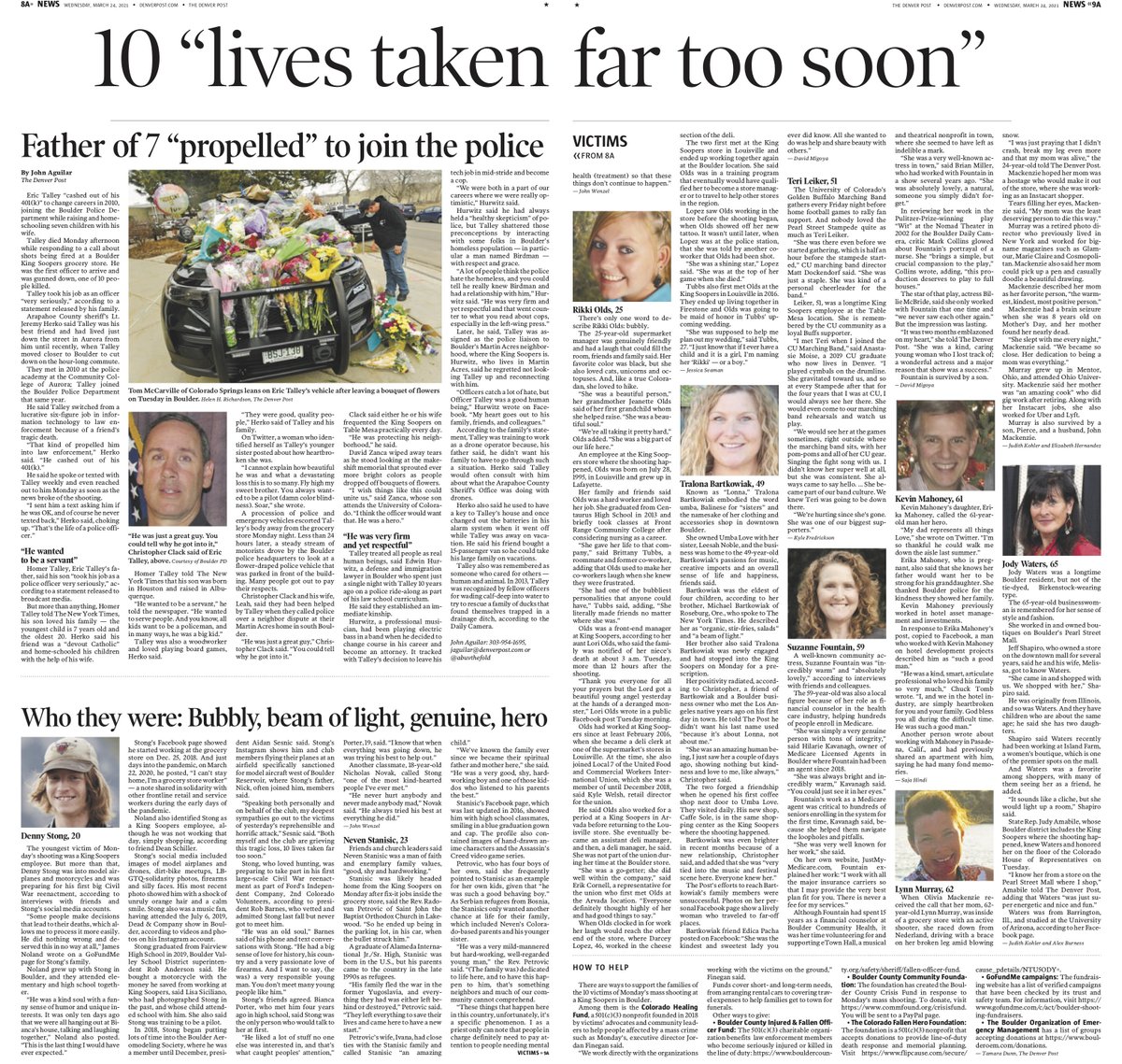 denverpost's tweet photo. From today's paper. Read more about each of the 10 victims in the Boulder shooting here: https://t.co/dtwaW9N2yX https://t.co/vBQxGS25Ao