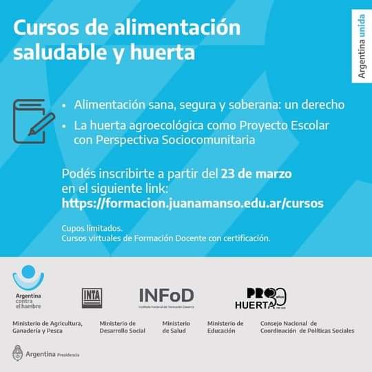 #AgendaINTA
En el marco del plan Argentina contra el Hambre, hoy arranca la inscripción a los "Cursos de alimentación saludable y huerta" 🎓

✔️Cupos limitados
✔️Gratuitos
✔️Otorgan puntaje
 
Más info 👉 bit.ly/3rjB5bb

#ReconstruccionArgentina 
#ArgentinaContraElHambre