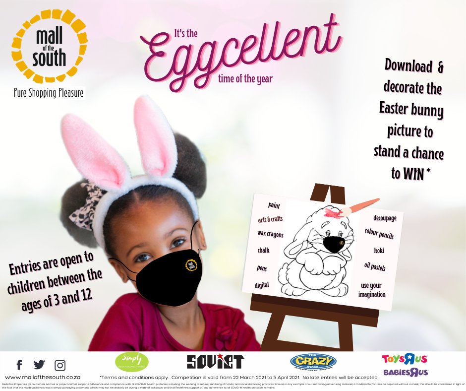 mallofthesouth's tweet photo. 🎊🥳It is your last chance to enter! 🎊🥳
Download &amp; decorate the #easterbunny picture to stand a chance to #win your share of R3000.🖍️🐰🎨🖌️ Share your fab design in the comment section below. 👇 Entries are open to #children between the ages of 3-12years.
Ts&amp;Cs apply. https://t.co/m6cCb1gPkd