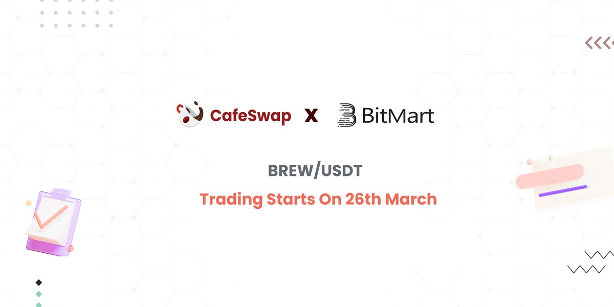 CafeSwapFinance's tweet photo. First CEX Listing Of CafeSwap ($BREW)🚀🚀

We are happy to announce 
$BREW will be available to trade on @BitMartExchange 
from 26th March 2021.

Trading Pairs: BREW/USDT☕️

Read More: https://t.co/9ypQkUDqYi

#CafeSwap #BSC #YieldFarming #CafeDEX $BREW #CEX https://t.co/ZRXH3NZfLj