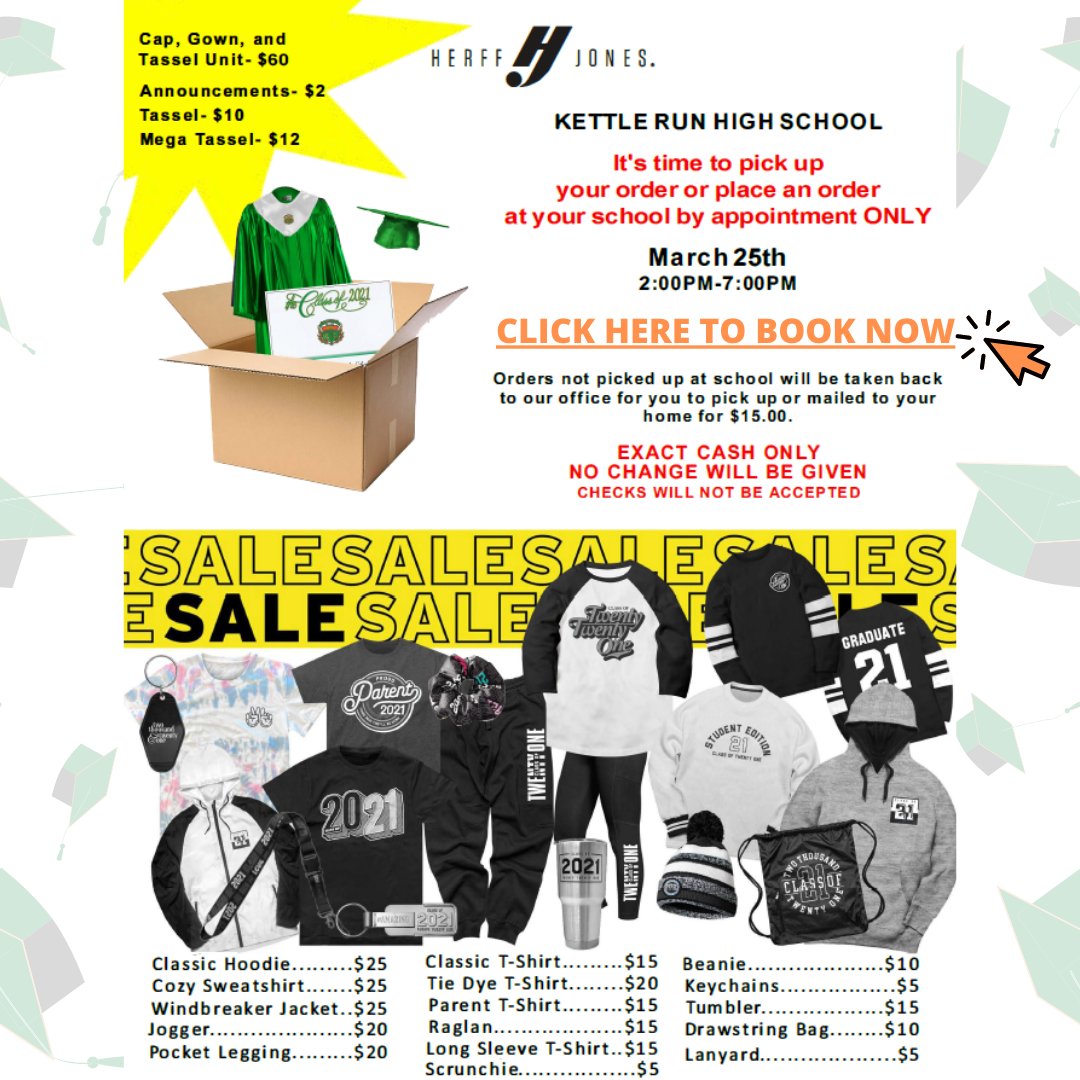 Herff Jones will be at KR 2-7PM tomorrow! Pick up your cap &amp; gown orders OR place an order if you still need to!🎓
book.appointment-plus.com/ck2jngpv/?&e_i…
⬆️APPOINTMENT LINK ⬆️