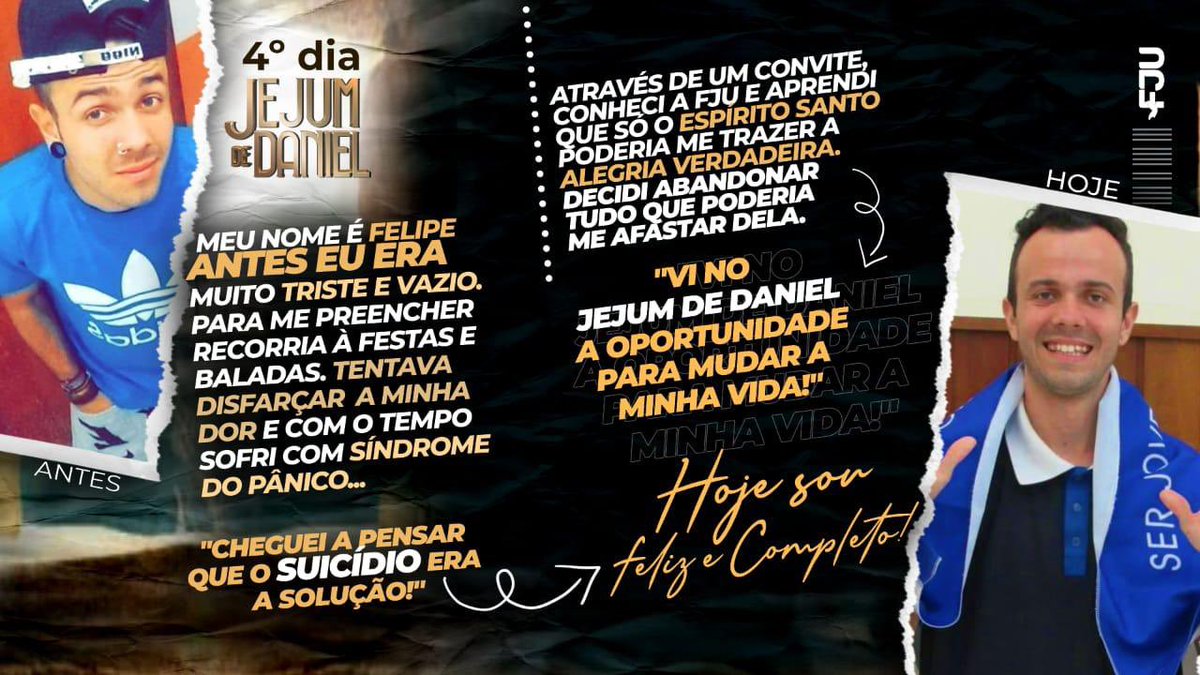 fjuacre's tweet photo. Felipe chegou a considerar o suicidio como última saída para os seus problemas. Mas através de um convite para conhecer a FJU mudou a forma de pensar e viu no Jejum de Daniel a oportunidade para uma mudança total e completa em sua vida!
Confira👇🏻
#FJUAC
#VemPraFJU
#JejumDeDaniel https://t.co/grjIQdDd3m