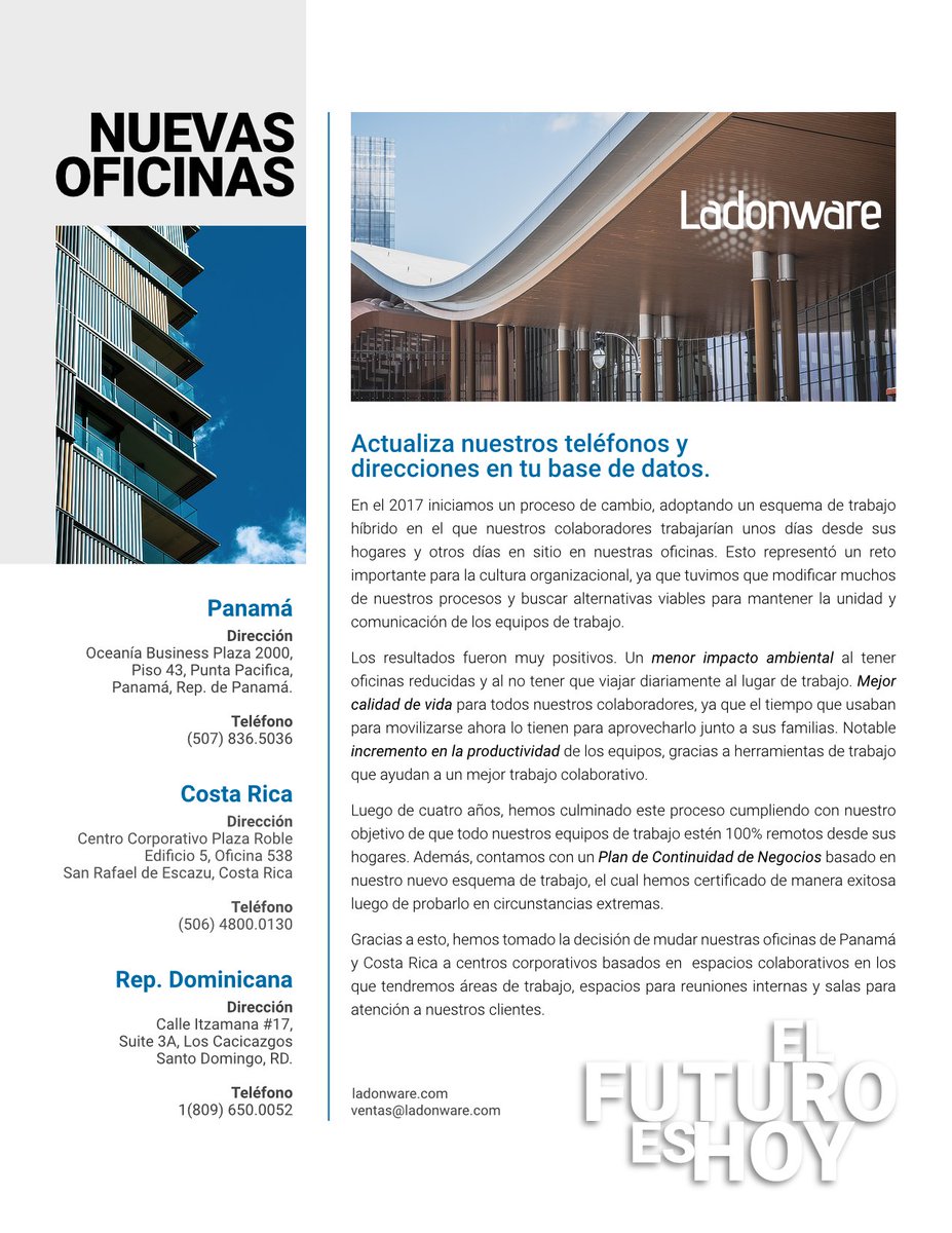 ladonwareinc's tweet photo. 𝐍𝐮𝐞𝐯𝐚𝐬 𝐎𝐟𝐢𝐜𝐢𝐧𝐚𝐬 𝐞𝐧 𝐏𝐚𝐧𝐚𝐦á 𝐲 𝐂𝐨𝐬𝐭𝐚 𝐑𝐢𝐜𝐚. Actualiza nuestra información en tu base de datos. #ladonware #innovacion https://t.co/IJF5rB7vE5