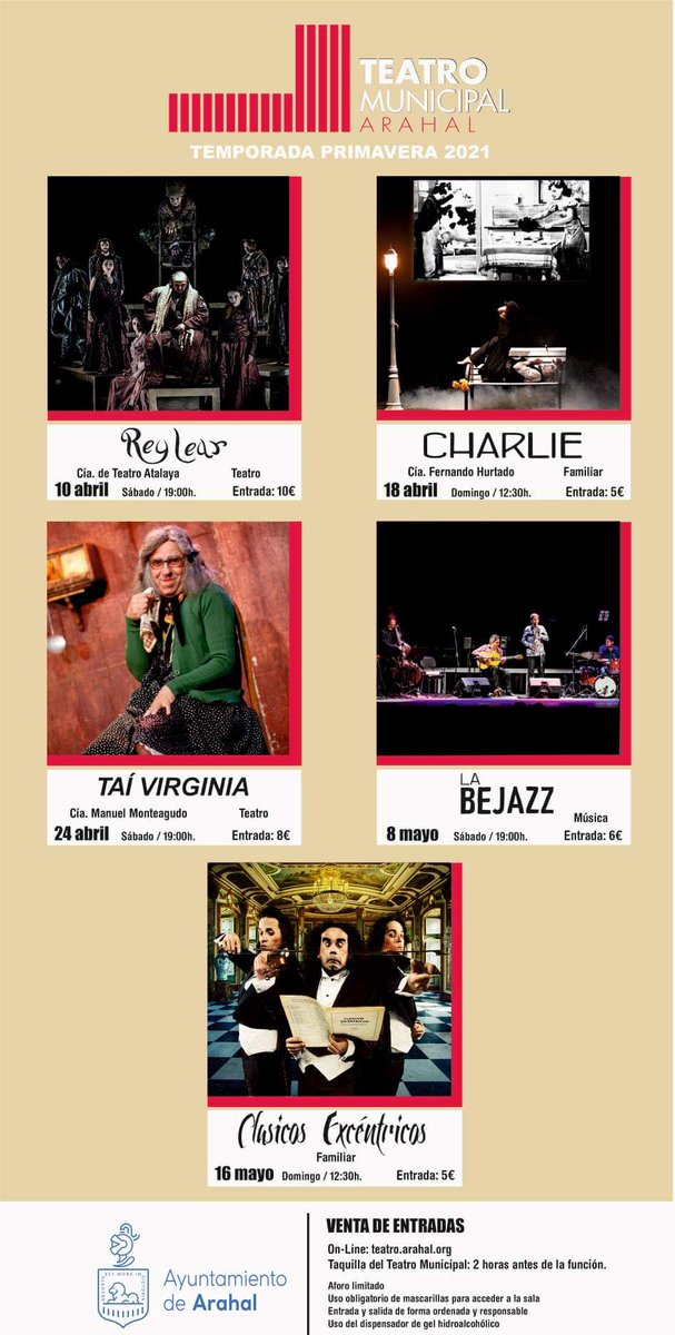 #CulturaArahal 

Programación del Teatro Municipal de Arahal para los meses de abril y mayo de 2021.

ℹ️ Información y venta de entradas en teatro.arahal.org. Aforo limitado, respetando las medidas anticovid.