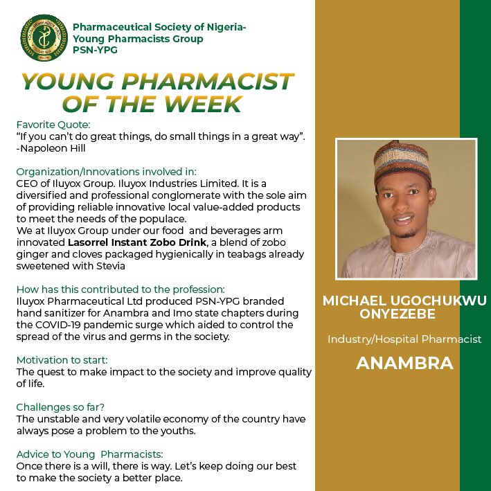 YP_Nigeria's tweet photo. PSN-Young  Pharmacist group chooses to recognise young innovative pharmacists contributing to promoting the image of the pharmacy profession. 

Meet Pharm Michael Ugochukwu Onyezebe   who is amazingly our Young Pharmacist of the week🥳🥳🥳🥳

@lasorrel https://t.co/KURZC4BPUx