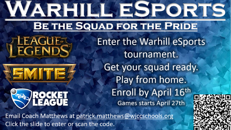 WarhillHigh's tweet photo. Warhill eSports teams are forming now! Sign up today - games start April 27th. Use the QR code or https://t.co/qpn94RDBZL to register. #TheWarhillWay #PowerinthePride https://t.co/PQd19XSc4V