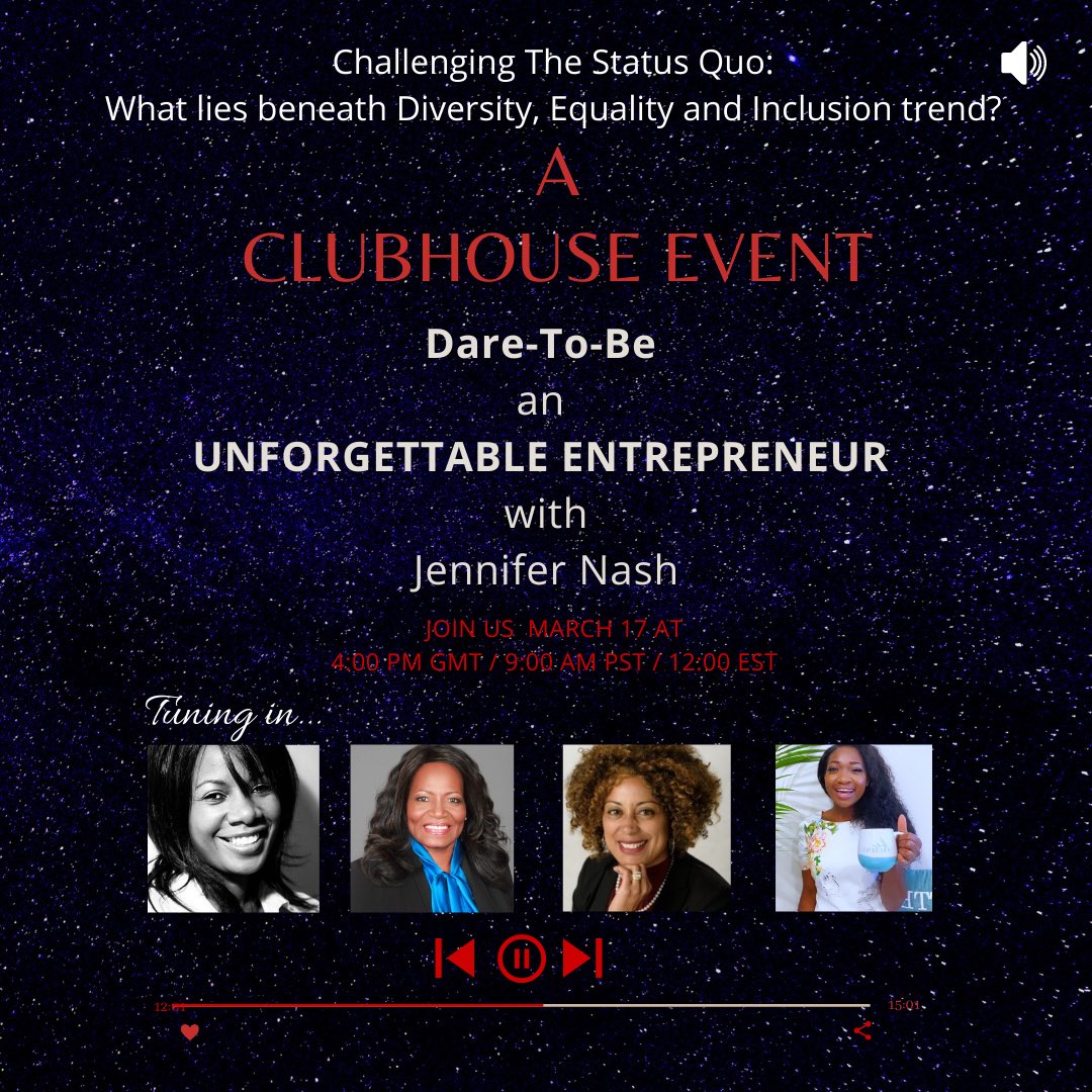 ArkandBrook's tweet photo. Join us now ✨

Looking ahead to Wednesday in Clubhouse! We’re back Challenging The Status Quo: What lies beneath Diversity, Equality and Inclusion trend?  

Join Jennifer Faith Nash , Yvonne Decker , Belinda Malwa Bardorf and Eronica Aljoe.

https://t.co/CyyjLgH4P2 https://t.co/Z5zY0rkwRH