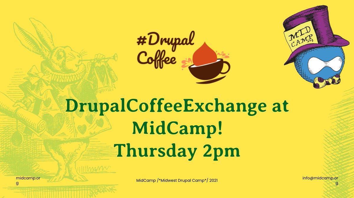 DrupalCoffee's tweet photo. We miss everyone!!
Join us TOMORROW @midwestcamp for a #DrupalCoffee BoF.
Thursday, 2pm CDT
https://t.co/Hisi4vfE48 https://t.co/iB5lUC0tV9