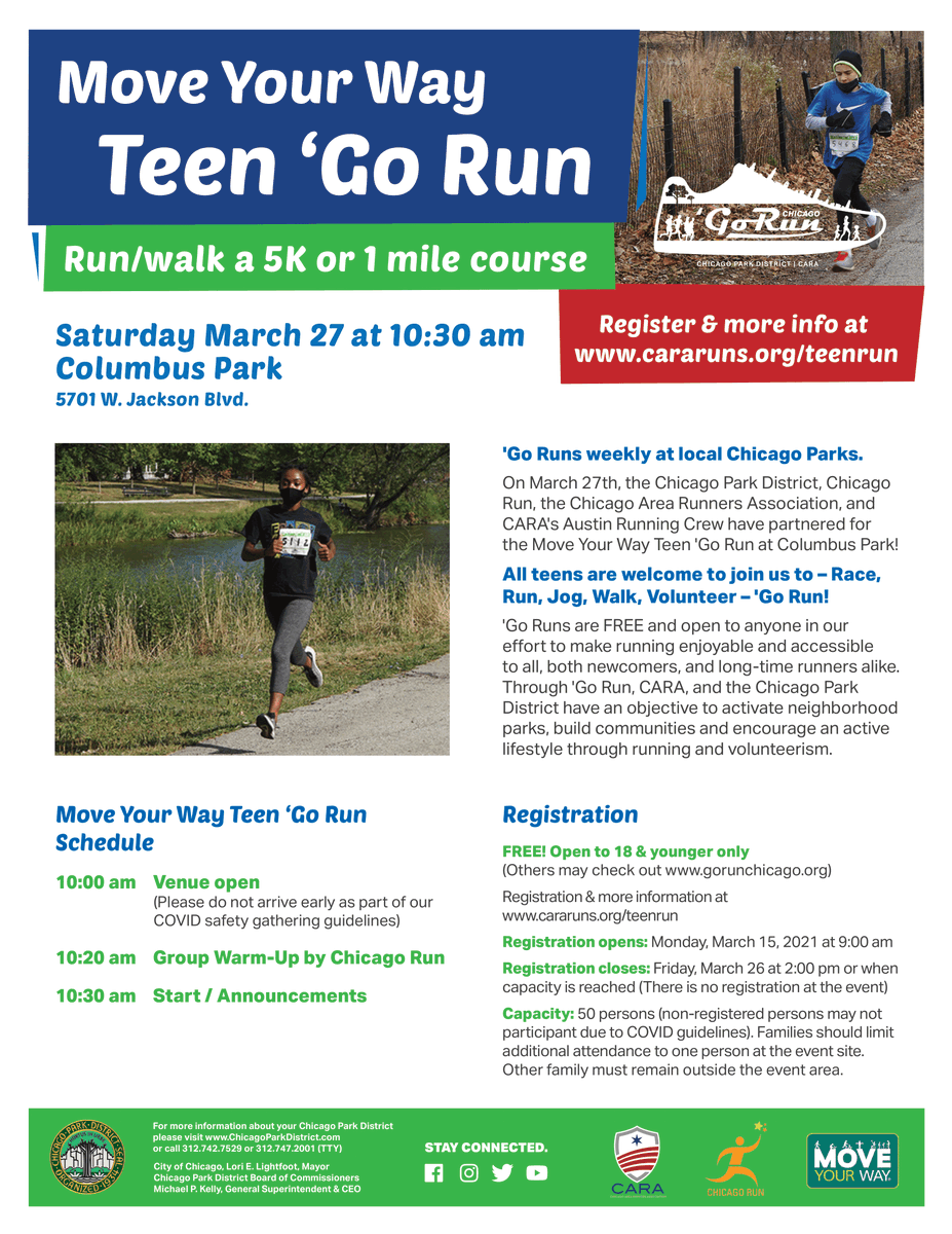 CARARuns's tweet photo. The Move Your Way Teen 'Go Run at Columbus Park is happening this Saturday! CARA and CARA's Austin Running Crew are delighted to partner with @ChicagoParks and @Chicago_Run for this event. Visit https://t.co/GD1JUyXSa5 to sign up.
#moveyourway #getyour60 #gorunchicago https://t.co/supAVYoORp