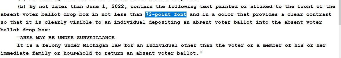 CraigDMauger's tweet photo. First bill in the Michigan Senate Republicans' election package sets detailed requirements for ballot drop boxes, including font size. https://t.co/JbbvJjSAiR