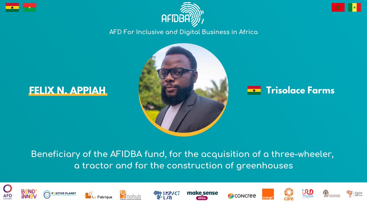 AFIDBA_'s tweet photo. Discover the projects #funded by #AFIDBA for batch #2! 💰

Felix N. Appiah, co-founder of @TrisolaceF, will benefit from a #grant and an #honor loan to expand its reach to provide micro-investment and food growing kits in #Ghana. 🐌

Congratulations Felix 👏 https://t.co/f8Xd2ZQulE