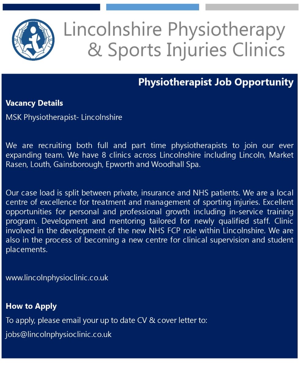lincsphysio's tweet photo. Due to increasing demand at The Woodhall Spa Physiotherapy and Sports Injuries Clinic, we are looking for a Musculoskeletal Physiotherapist to join the team.
Part time hours are available at Woodhall Spa, but full time hours can be offered across our Lincolnshire clinics https://t.co/B78uzuiPyS