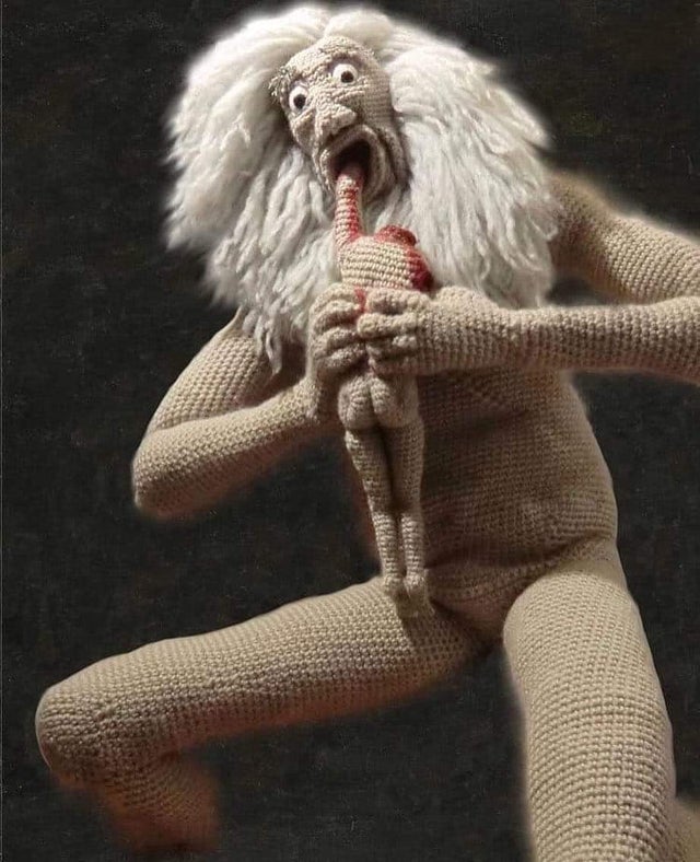 reviewwales's tweet photo. I like to think that Goya would have approved of this crocheted version of his "Saturn Devouring His Son". https://t.co/HeMBGeRJZY