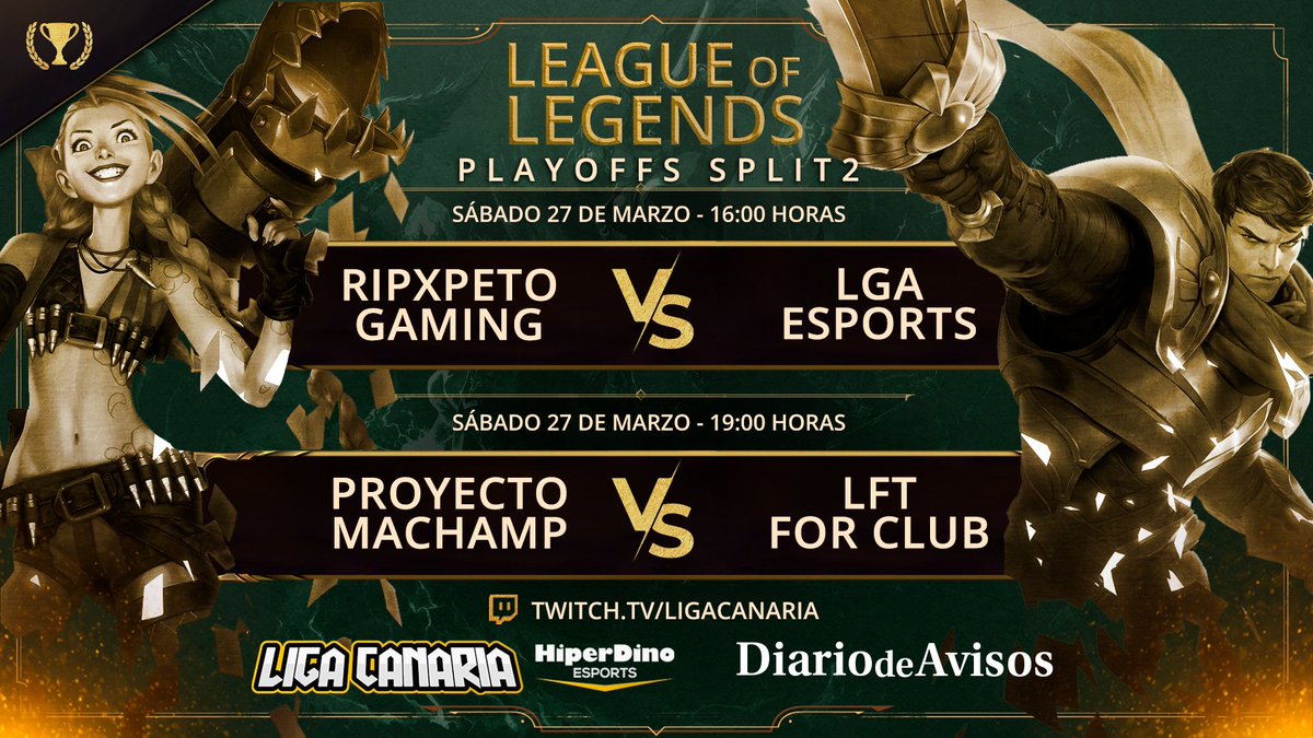 LigaCanaria's tweet photo. ¡Playoffs del split 2 de League of Legends en #LigaCanariaHD!
➡ Sábado 27:
16h - #RipxpetoGaming VS @LGA_Esports
19h - #ProyectoMachamp VS #LFTForClub
➡ Domingo 28: gran final
Sigue ambas jornadas, desde las 15.30h, en https://t.co/JTvrVRkbbt y la web de @diariodeavisos https://t.co/pQxSCrlQUp