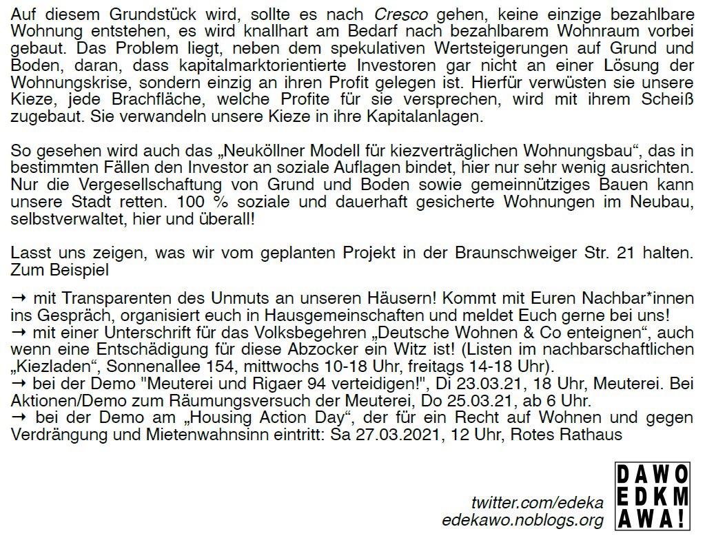 EdekaWo's tweet photo. Wenn der Markt mal wieder regelt… Auf dem Grundstück der Braunschweiger Str. 21 in #Neukölln wird, sollte es nach dem Investor Cresco gehen, keine einzige bezahlbare Wohnung entstehen, denn es wird knallhart am Bedarf nach bezahlbarem Wohnraum vorbei gebaut. [...] https://t.co/o3dIQjr5VV