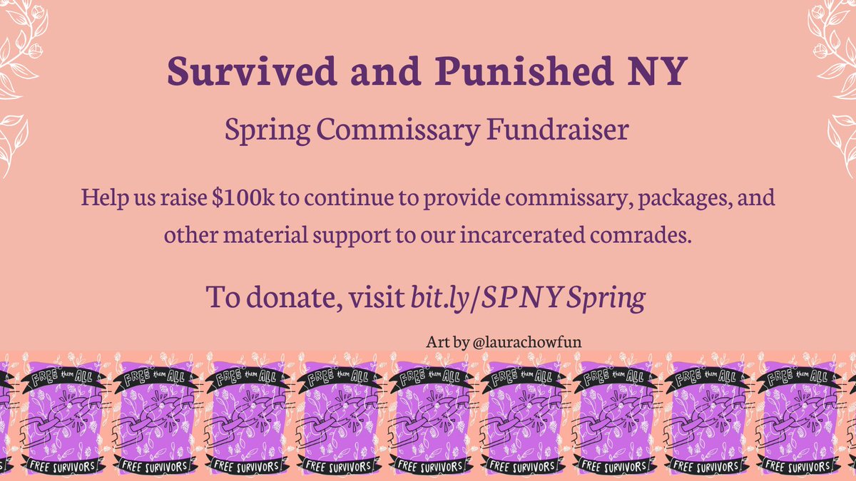pink background with white flowers climbing up the sides and purple text. At the bottom is a repeated sequence of purple square boxes of art by @laurachowfun that shows a picture of a broken chain with the text “Free Them All” above the chain and “Free Survivors” at the bottom. The text of the full graphic says: “Survived & Punished NY. Spring Commissary Fundraiser. Help us raise $100K by June 13 to continue to provide commissary, packages and other material support to our incarcerated comrades. To donate, visit: bit.ly/SPNSpring. Art by @laurachowfun.”