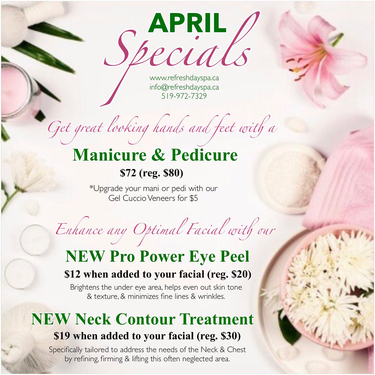 🌷🌸🌺 It’s SPRING &amp; Refresh Day Spa is blooming with SPECIALS!!!
#AprilSpecials #RefreshDaySpa #ManicurePedicure #ManiPedi #Upgrades #GelCuccioVeneers #Dermalogica #ProPowerPeel #NeckContourTreatment #GreatDeals #SpringRefresh #RefreshFamily #ShopLocal #SupportSmallBusinesses