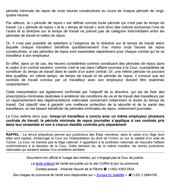 PdPavocat's tweet photo. Lorsqu’un #travailleur a conclu avec le même #employeur plusieurs contrats de travail, la période minimale de #reposjournalier s’applique aux contrats pris dans leur ensemble et non à chacun des contrats pris séparément

https://t.co/lVao3uHfXD https://t.co/UQJnLdfsGQ