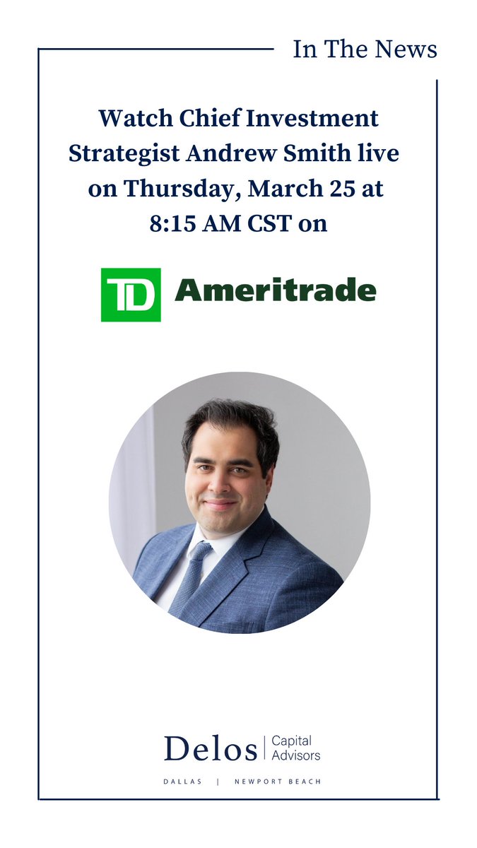 DelosCapitalAdv's tweet photo. Don't miss @theandrewhsmith , Chief Investment Strategist on Thursday, March 25 at 8:15 AM on @TDANetwork 
.
.
.
.
.
.
.
.
.
.
#deloscapitaladvisors #investmentadvisor #blockchain #investing #economy #finance #fintech #markets #investments #investors #fintech #invest #investment https://t.co/wxnmbzaF1Q