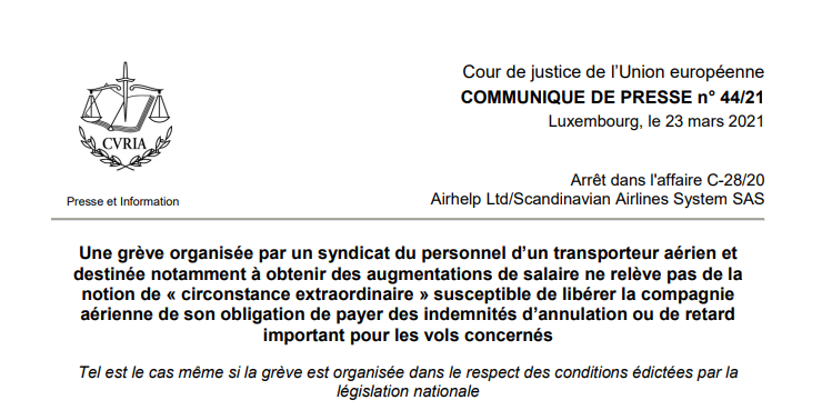 PdPavocat's tweet photo. Une #grève d'un syndicat du personnel d’un transporteur aérien et destinée à obtenir des augmentations de salaire n'est pas une « circonstance extraordinaire » libérant la compagnie de son obligation de payer des indemnités d’annulation/de retard important pour les vols concernés https://t.co/pMRahSRBLI