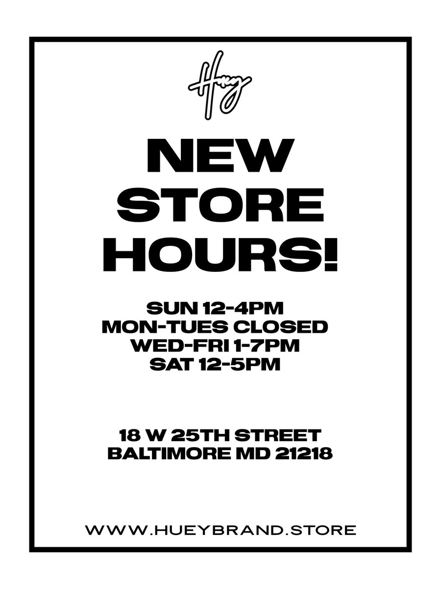 HUEYBRAND's tweet photo. NEW STORE HOURS! Yes, we are now open on Sundays 🤘🏾🖤‼️ https://t.co/AZRZgG5FpD