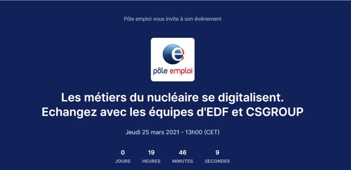 [#1semainepour1emploi] spéciale #jeunes Retrouvez <a href="/EDF_AuRhAlpes/">EDF Auvergne-Rhône-Alpes</a> et CSGroup 📆demain 25/03 à 13h Thème:les métiers du nucleaire se digitalisent
Inscription👉 lnkd.in/eiAPkUN 
En direct ou en replay 👍
N'hésitez pas à partager 
<a href="/LaurencePoussel/">Laurence Poussel</a> <a href="/Andrevedr/">Isabelle Vedrine-And</a> <a href="/Nuclear_Valley/">Nuclear_Valley</a>