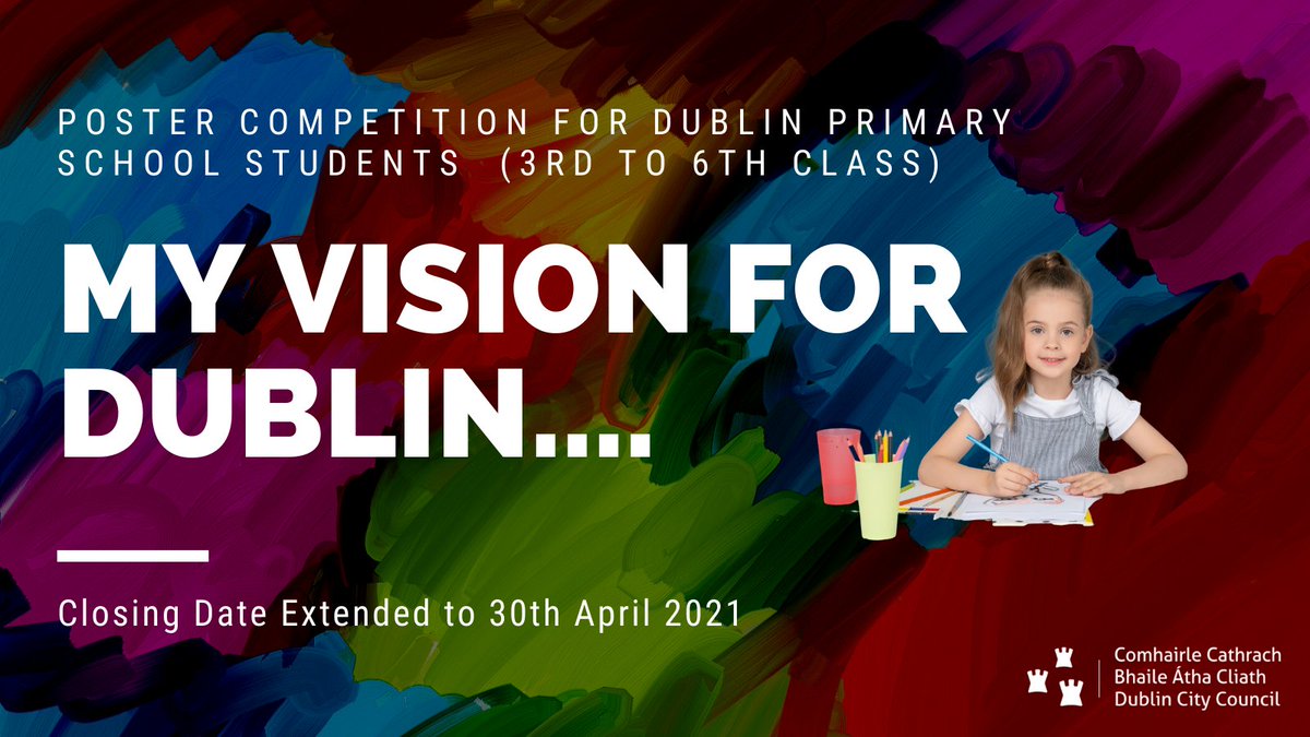 DubCityCouncil's tweet photo. ๐จDoes your child love creating art? Enter our City Development Plan poster competition & show us their vision for the city - where they go to school, live & play.
Closing date extended to Friday, 30th April 2021. To take part go to: https://t.co/OjPKVebwok
#DublinDevPlan https://t.co/HiEBcdEMPl