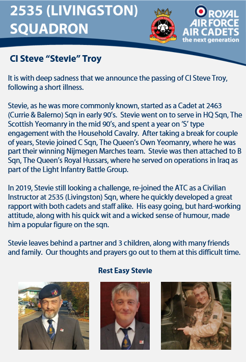 CI Steve "Stevie" Troy

It is with deep sadness that we announce the passing of CI Steve Troy, following a short illness.

Rest Easy Stevie

<a href="/SESCOTWING/">South East Scotland Wing</a> @arc_sni @SNIRAFACMedia <a href="/ComdtAC/">Commandant RAF Air Cadets</a>