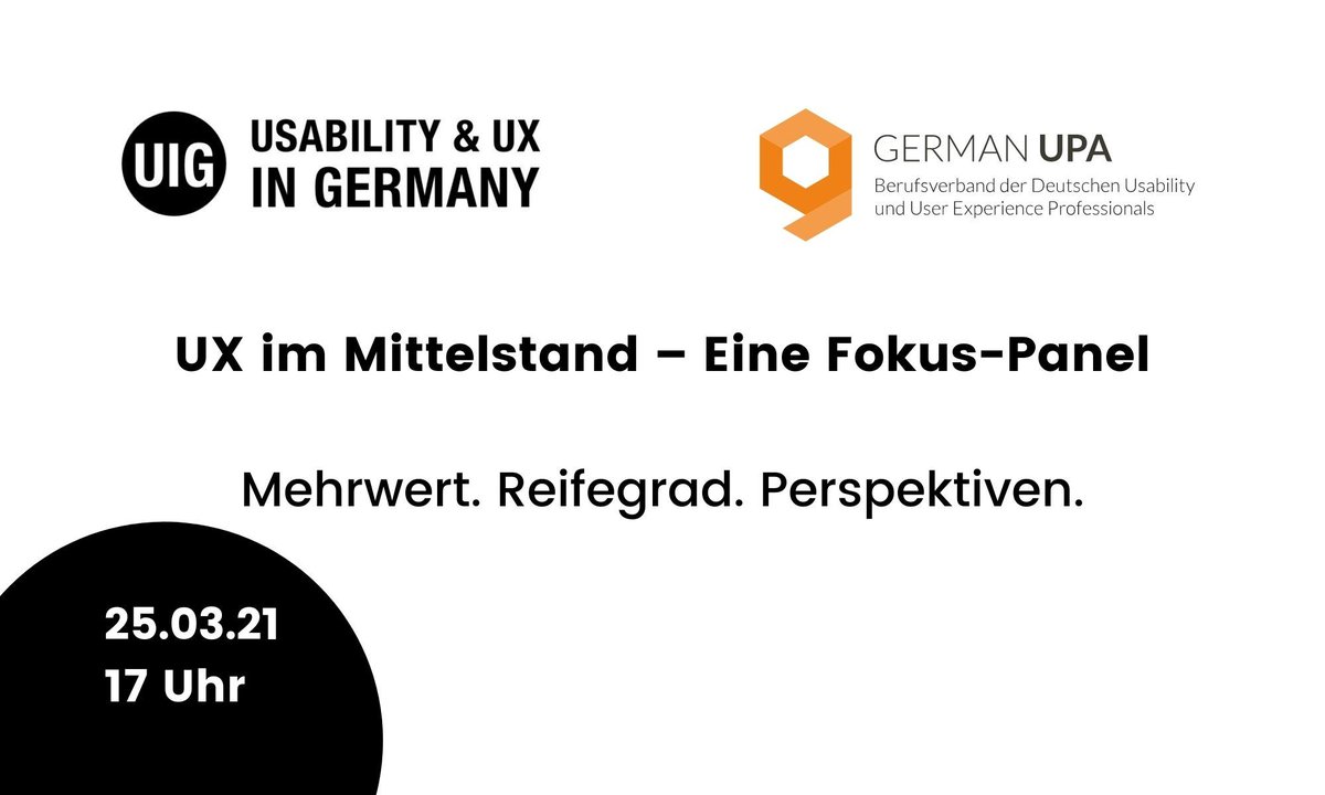 Paneldiskussion zu "UX im Mittelstand - Mehrwert. Reifegrad. Perspektiven." mit <a href="/TorstenBartel/">Torsten Bartel</a> von usability.de am 25.3.2021, um 17:00 Uhr. Teilname kostenlos. Anmeldung unter: bit.ly/UXPanel
Organisiert von <a href="/germanupa/">GERMAN UPA</a> und <a href="/UIGinfo/">Usability in Germany</a>