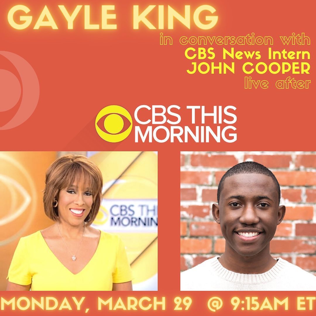 MONDAY: <a href="/GayleKing/">Gayle King</a> joins <a href="/CBSNews/">CBS News</a> intern John Cooper LIVE on the @ViacomCBSIntern Instagram page for a wide-ranging interview, discussing her path from growing up in Turkey to going live every morning on CBS. Set your reminders and join us on 3/29 at 9:15AM EST over on Instagram!