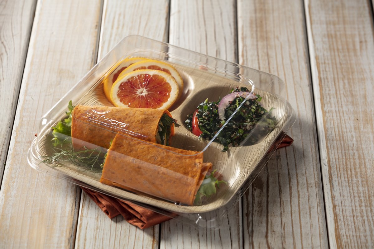 Midwestassoc's tweet photo. .@Leafware's eye-catching trays with lids create a stunning and sustainable presentation. These single use trays made from fallen palm leaves and clear lids make them the perfect eco-friendly grab n’ go at the pool or on the golf course! #leafware #grabngo #foodservice https://t.co/vKwa6hQAWB