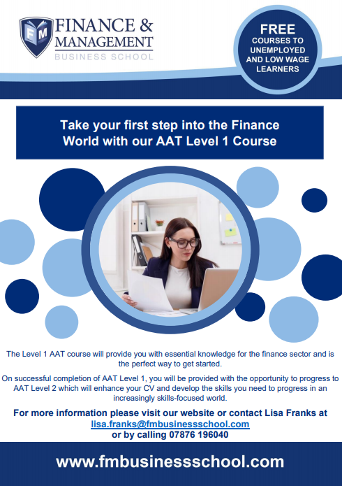 Looking to step into the world of finance? We've got the course for you!

Our AAT Level 1 covers a range of knowledge that is essential for the finance sector.

For more information please visit our website: fmbusinessschool.com @JCPinBirmingham @JCPInTheBC