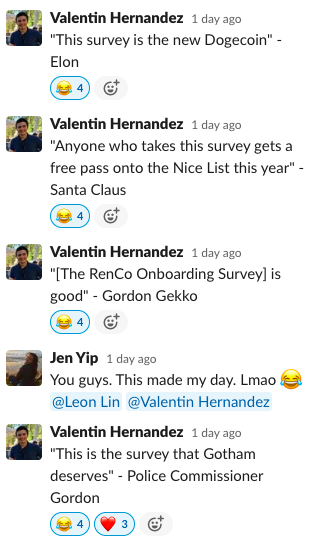 RenCo_Community's tweet photo. We all know feedback is critical to improving. But asking folks to take time out of their days to give you feedback feels awkward. Our advice? Borrow a line from our new member onboarding team! Make your ask funny, delightful, and irreverent. Thx @Leonlinsx and @vhernandez992! 🤣 https://t.co/gEL12uTbYp