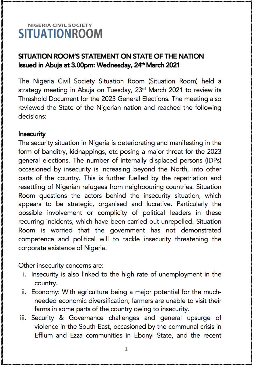 SituationRoomNg's tweet photo. SITUATION ROOM’S STATEMENT ON STATE OF THE NATION 
Issued in Abuja at 3.00pm: Wednesday, 24th March 2021
@NGRPresident https://t.co/zGnsAjlFUL