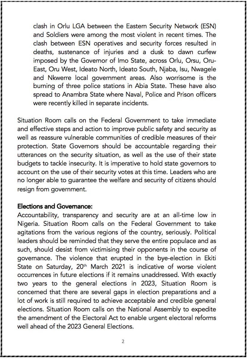 SituationRoomNg's tweet photo. SITUATION ROOM’S STATEMENT ON STATE OF THE NATION 
Issued in Abuja at 3.00pm: Wednesday, 24th March 2021
@NGRPresident https://t.co/zGnsAjlFUL