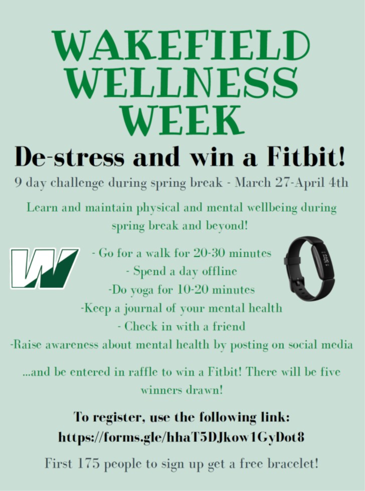 Spring Break is around the corner-take time to focus on yourself. Reset to finish school year strong. Self-care is so important &amp; needed. Join Wellness Week by registering here: forms.gle/mywhgqn9yhZBbR…  

5 FITBITS being raffled off for students who complete the entire challenge.