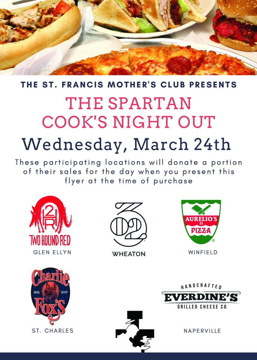 Take a day off from cooking to #support St. Francis High School and a #localrestaurant! Today (3/24), participating restaurants will donate a portion of their sales from the day to SFHS when you print and present this flyer at the time of purchase.