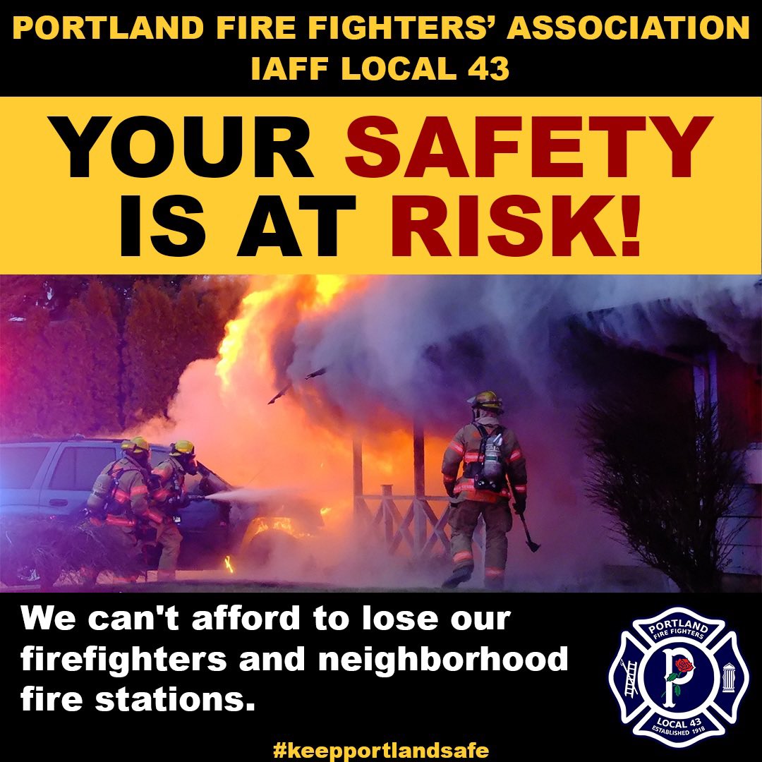 iaff43's tweet photo. Your safety is at risk! We can't afford to lose firefighters and neighborhood fire stations. Call or email Mayor Wheeler and tell him NOT to cut funding for our firefighters. Mayor Wheeler: 503-823-4120 mayorwheeler@portlandoregon.gov #keepportlandsafe https://t.co/R7UHKngxfp https://t.co/gcy1ILr1G0