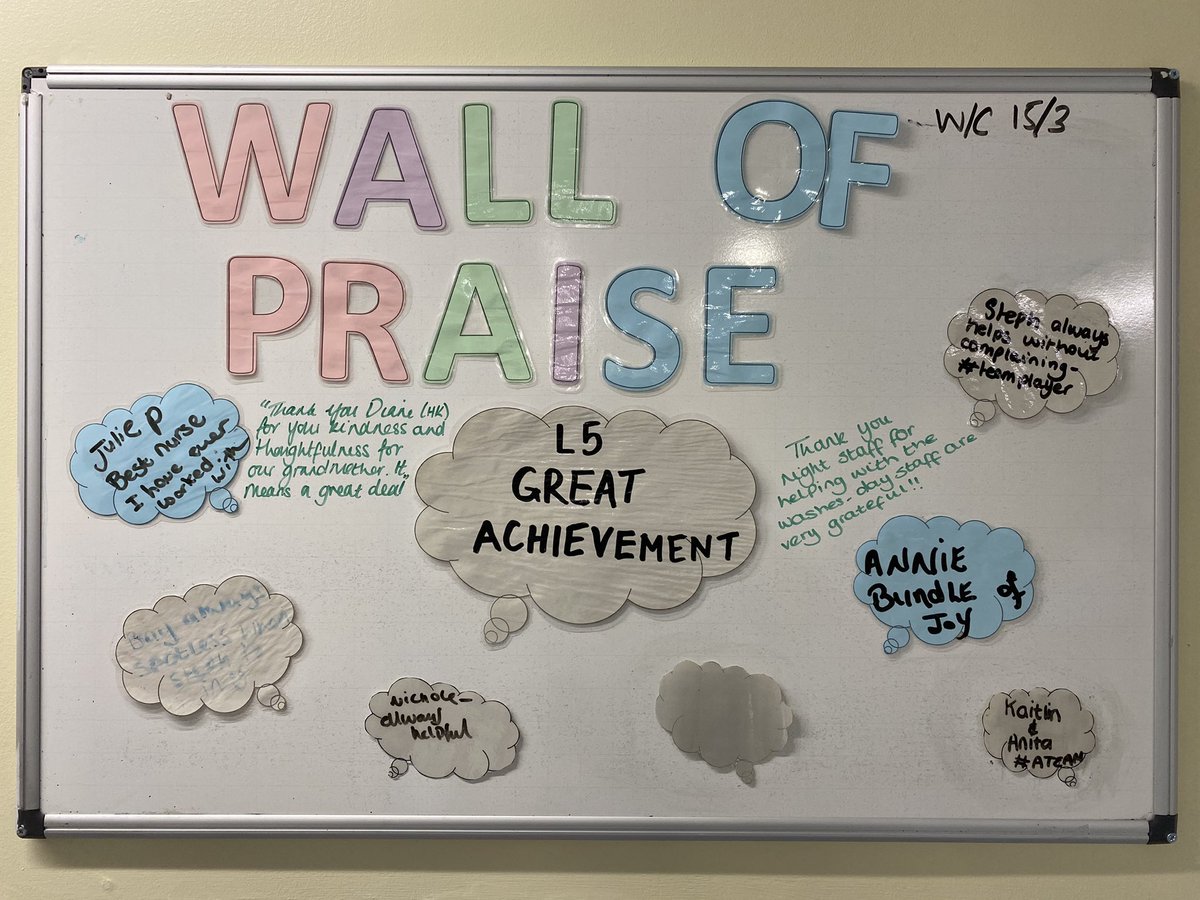 L5Ward's tweet photo. A little bit of praise goes a long way! Thank you to all the Ward-L5 staff for their selfless hard-work during the March period 🙌🏻. #nhs #PositiveVibes #srft https://t.co/imLtgPjfdb