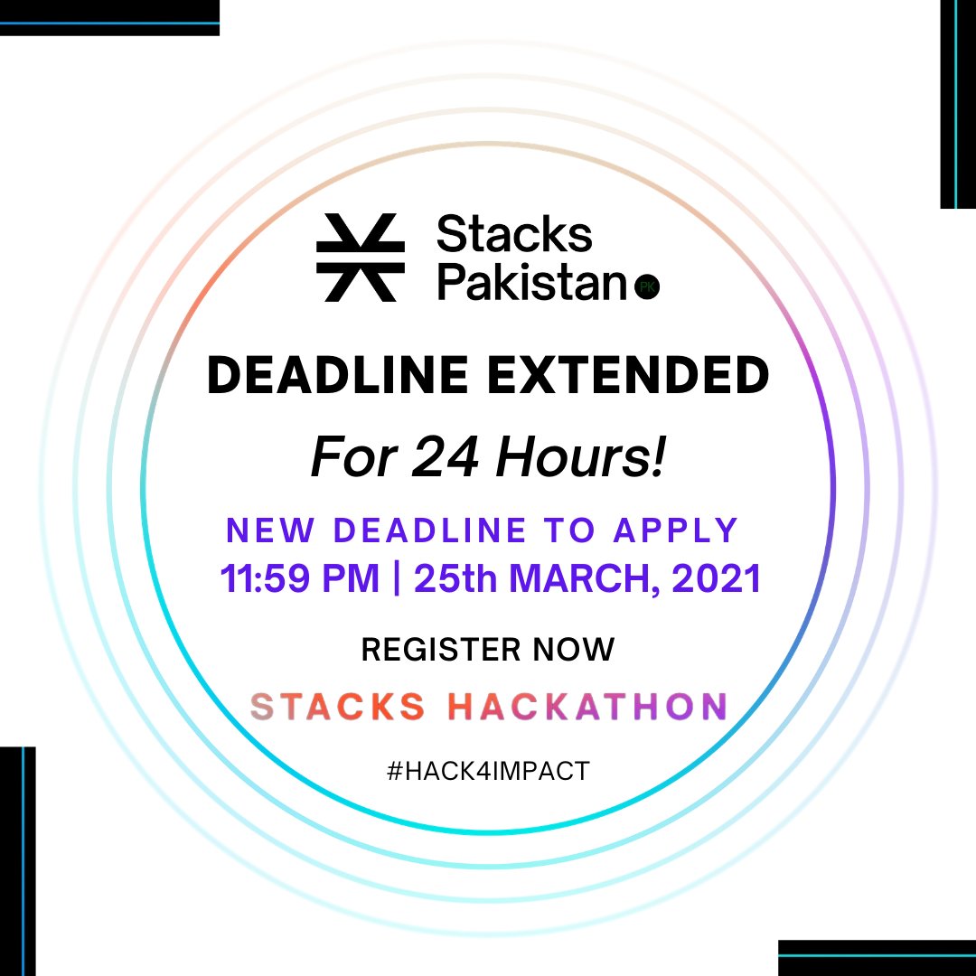 StacksPakistan's tweet photo. DEADLINE EXTENDED BY 24 HOURS!
Apply tonight at https://t.co/18pzWUt7ZZ
#Hack4Stacks #StacksHackathon #StacksPakistan https://t.co/uId4NxbFD9