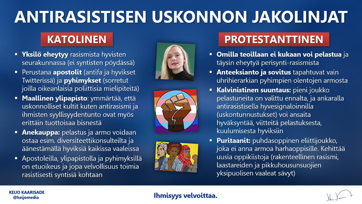 keijomedia's tweet photo. Keijo oli teologisessa seminaarissa ja ymmärsi että uskonpuhdistuksen kaltaisista oppikiistoistaan huolimatta intersektionaalinen antirasismi on hyvin ekumeeninen kultti. @JyriKomulainen @suonpaa

Yhdessä kilvoittelu, katuminen ja nöyrtyminen on tärkeämpää kuin itse pelastus. https://t.co/t5iUZ9OavG