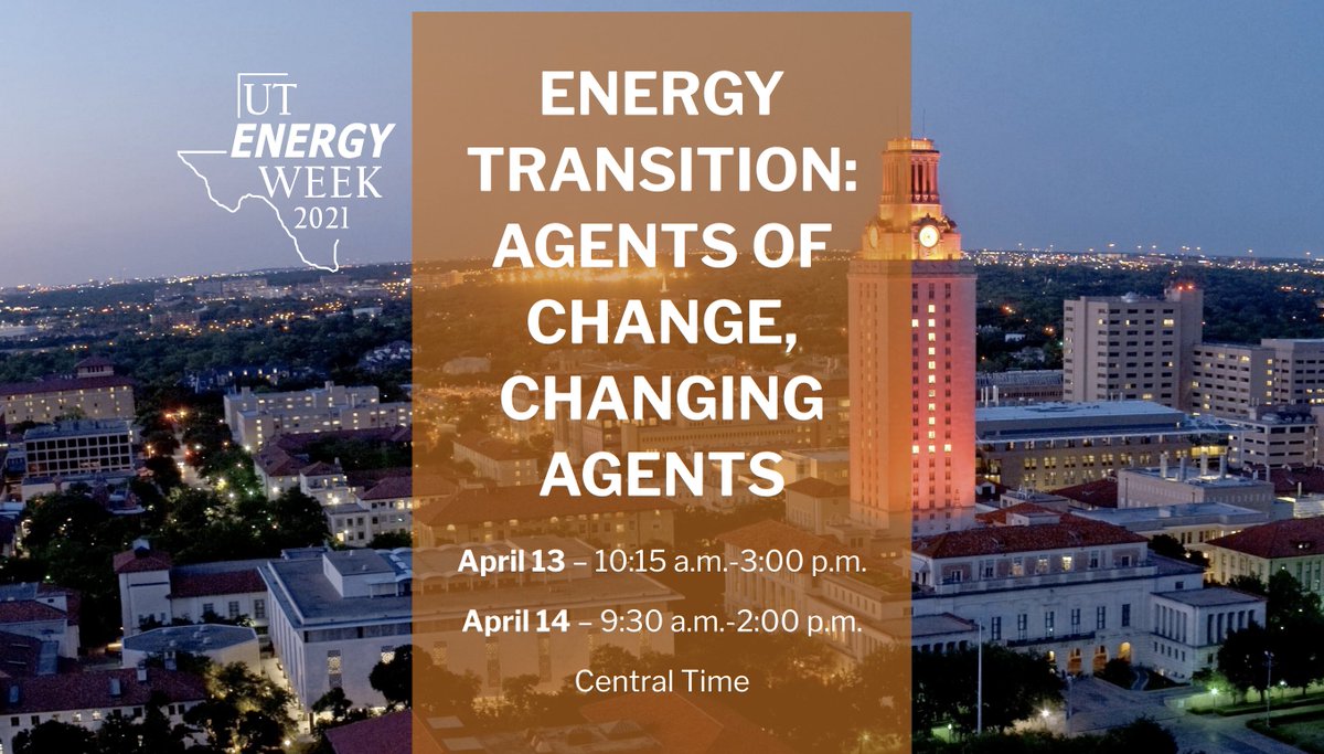 👏FREE registration for UT Energy Week 2021 (Apr 13-14) now open👏 Register to reserve a spot! Join global energy leaders for a holistic, honest &amp; constructive discussion on "ENERGY TRANSITION: AGENTS OF CHANGE, CHANGING AGENTS" #UTEW21 #energytransition

cvent.utexas.edu/event/f7c6a9db…