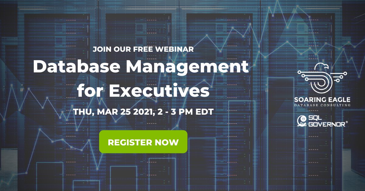 SQLgovernor's tweet image. Join our free webinar tomorrow to learn about:
🔹 SQL Server true-ups,
🔹 Tackling the data sprawl,
🔹 Renewing the data center and
🔹 Transfering to the cloud: IaaS vs. PaaS
Register now: register.gotowebinar.com/register/31021…
@SoaringEagleDBA #sqlserver #databasemanagement