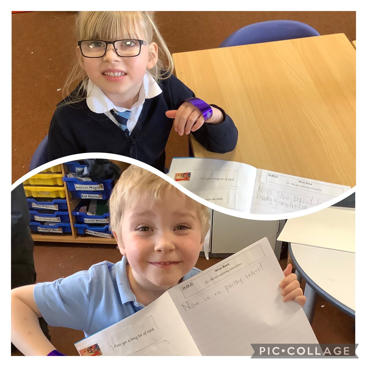 P1Laurieston's tweet photo. To attend our ball you must have a wrist band to act as your ticket! We focussed on ordering instructions. Firstly, we followed the instructions to make our own bands. Our little learners had to write the last instruction including our common word ‘now’. #functionalwriting https://t.co/hA71eC8Mn6