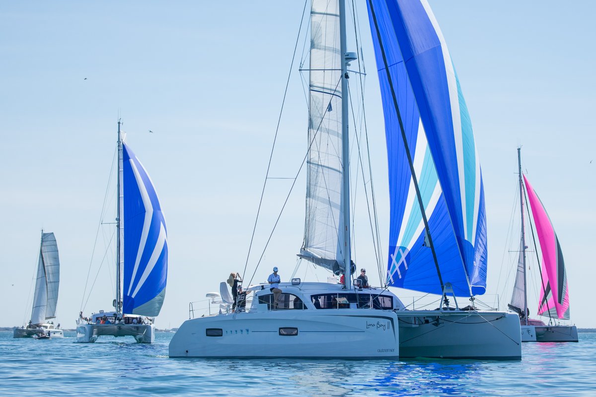 #OutremerCup nostalgia... Only 2 months left until the next edition, set to take place May 22-24! 
FYI the beautiful #Outremer45 Luna Bay 2 in the foreground of this pic is available for charter. DM us for more information.
#CatamaranRegattan #SailingEvent #Spinnaker