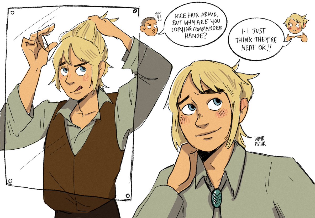 armin who looks up to hange so much he decides to try and copy their hairstyle 